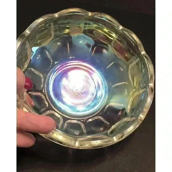 VTG Federal Yorktown Clear Iridescent Carnival Glass Bowl Grannycore Scalloped - Picture 7 of 15